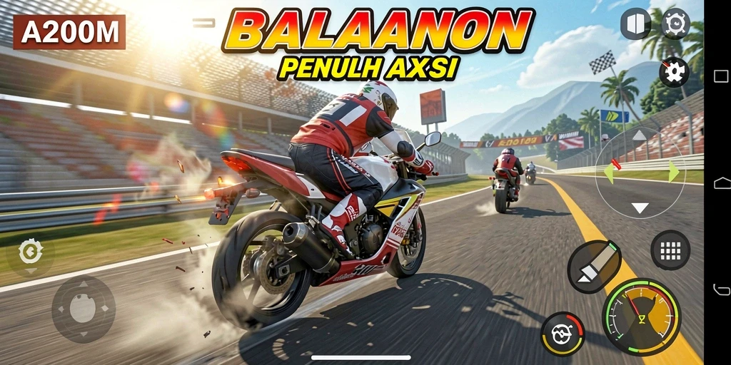 Screenshot menunjukkan momen balapan mendebarkan di A200M.