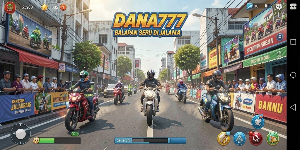 Screenshot gameplay DANA777 saat balapan di jalanan malam.