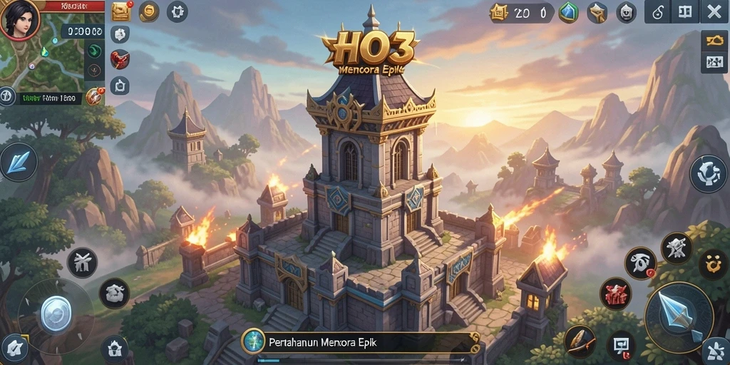 Screenshot gameplay HO3 yang menampilkan pertahanan menara yang strategis.