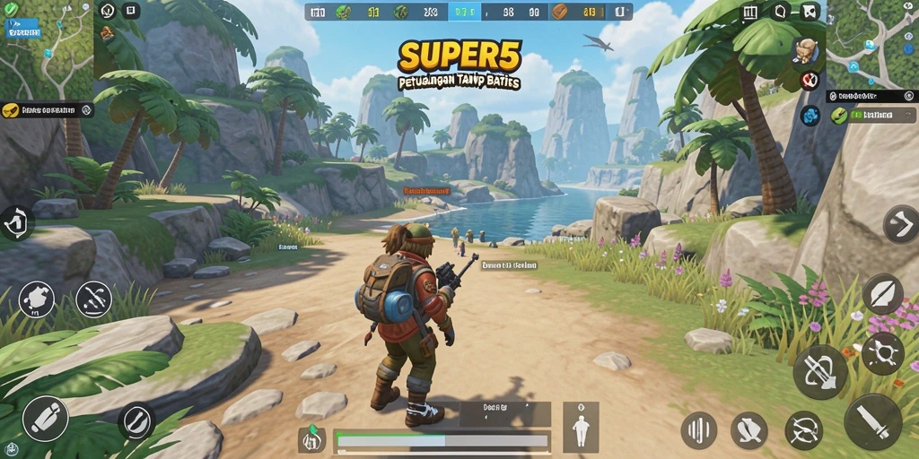 Tampilan gameplay SUPER5 dengan eksplorasi dunia terbuka yang luas.