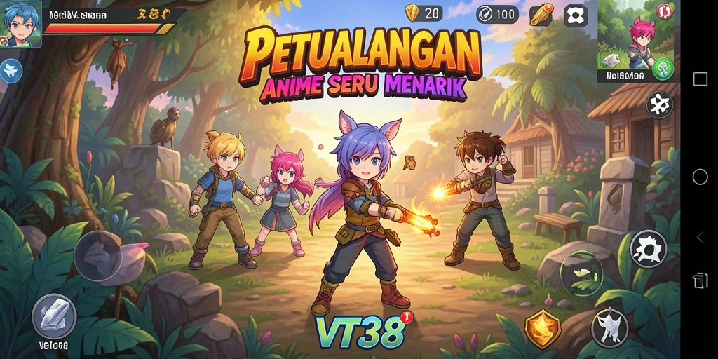 Tampilan gameplay VT38 yang menakjubkan dengan karakter anime yang dinamis.